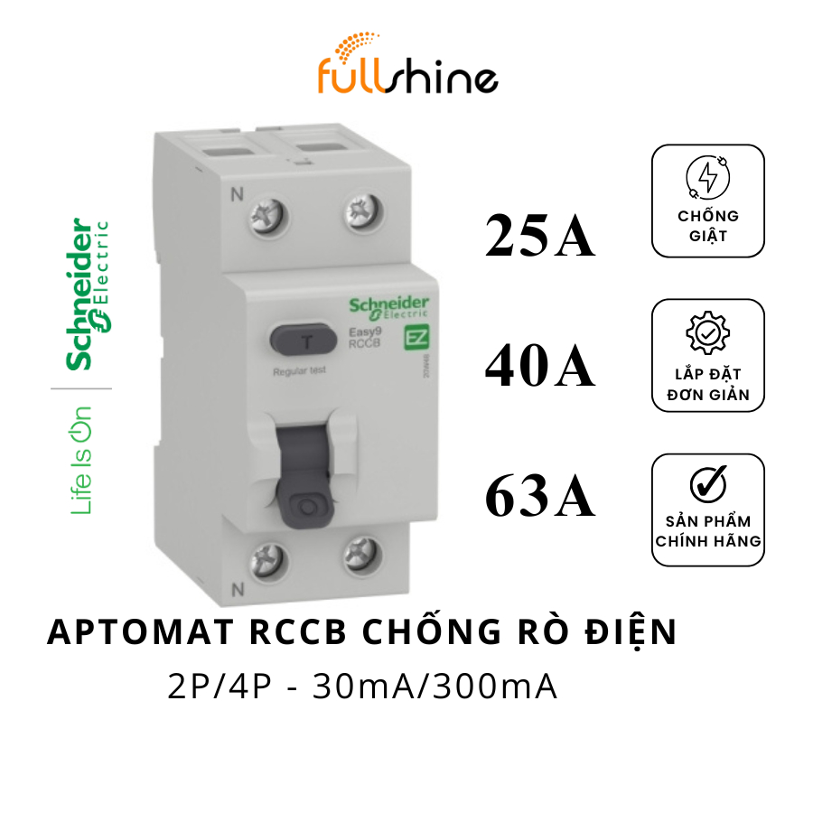Aptomat chống giật RCCB Schneider Easy9 EZ9R36 2P/4P AC Type