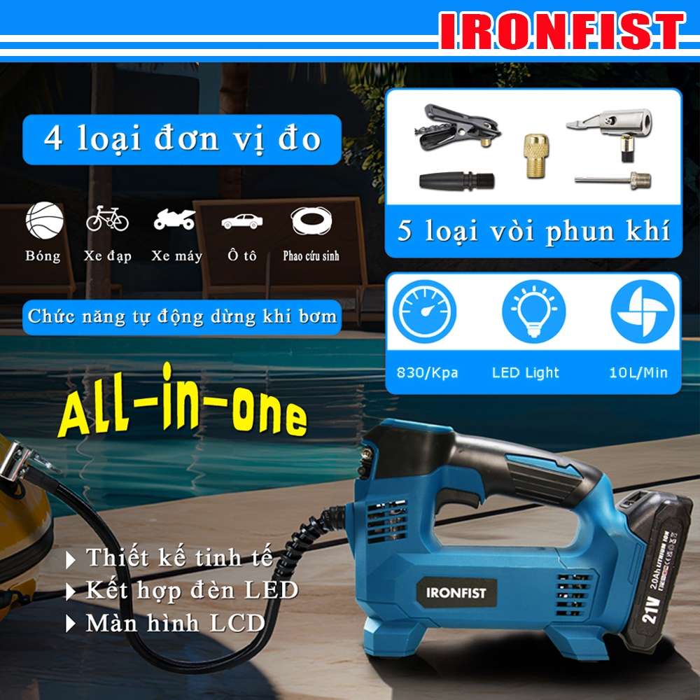 IRONFIST Máy bơm lốp, áp suất 150PSI, Hiển thị kỹ thuật số, Thích hợp cho ô tô, xe đạp, xe máy