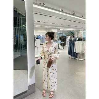 Đầm váy nữ tay bồng bo chun cổ V xoắn ngực hoạ tiết hoa chiết eo dáng dài sẻ tà thiết kế basic sang chảnh 