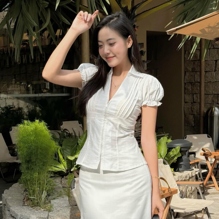 Áo Linen Nữ Kiểu Xinh Tay Phồng Phối Khóa Kéo Tiểu Thư Công Chúa Mùa Hè SS2025 She Noiree - KA467