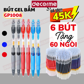 Set 6 Bút 60 Ngòi Bút Bi Béo GP1008 Decorme Bút Gel Mực Xanh, Đen, Đỏ, Bút Gel Bấm Có Đệm Tay Mềm, Viết Trơn Mượt