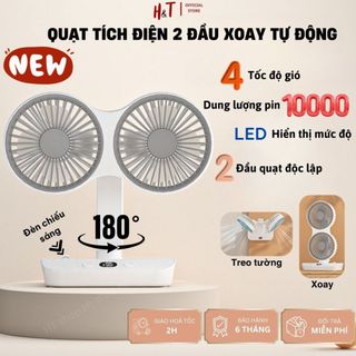 Quạt tích điện 2 đầu xoay 180 độ quạt để bàn kiêm đèn pin trâu 10000mAh 4 mức độ gió màn hình LED 