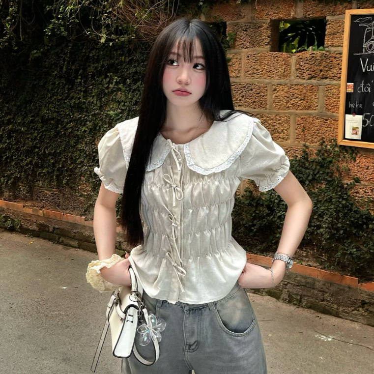 Áo Babydoll Linen Nữ Kiểu Xinh Thân Nhún Công Chúa Tiểu Thư Tay Ngắn Mùa Hè She Noiree - KA468