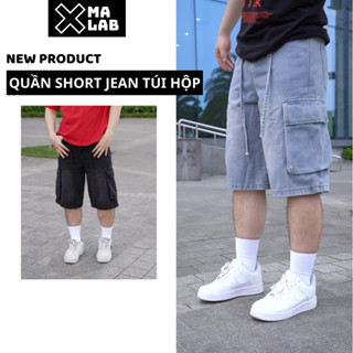 Quần short jean túi hộp nam XMALAB quần bò ngắn ống rộng phối dây phong cách Streetwear B167