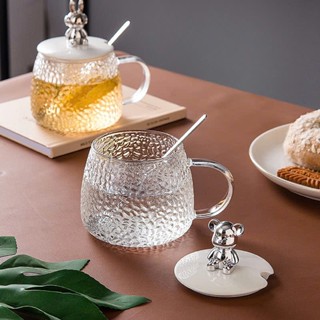 Cốc uống nước, Ly uống nước chịu nhiệt, Cốc thuỷ tinh có nắp kiểu dáng gấu ngộ nghĩnh đáng yêu kèm thìa, Dung tích 400ml