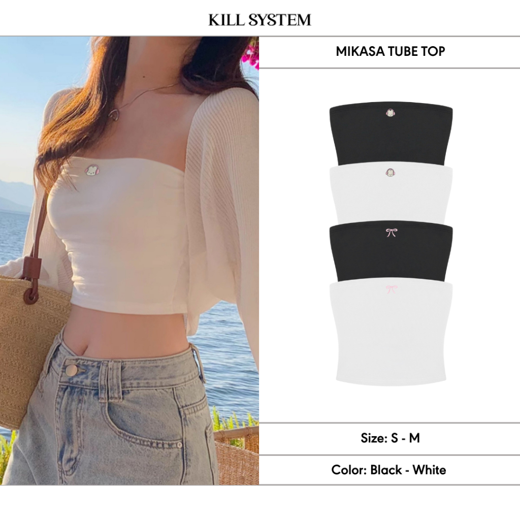 Áo quây Kill System Mikasa áo ống hình thêu thỏ và nơ màu trắng đen | BigBuy360 - bigbuy360.vn