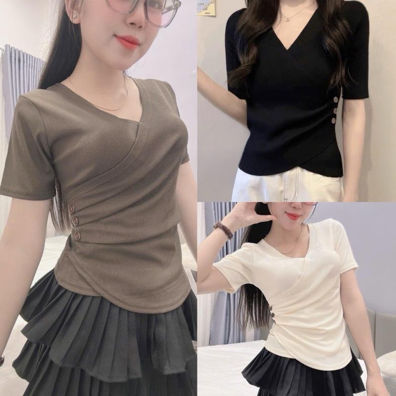  Áo Thun Nữ Dài Tay - Ngắn Tay Cổ Tim Thiết Kế Vạt Chéo Xếp Ly Đính Cúc Thời Trang A225-AN2255 