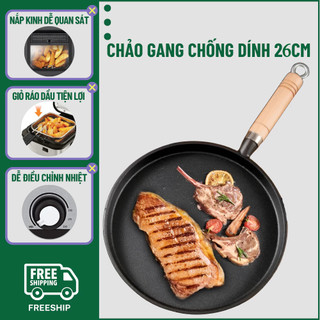  Chảo Gang Chống Dính Tay Cầm Đúc Gỗ Đáy Phẳng Nguyên Khối Chảo Nướng Thịt BBQ Dùng Được Cho Cả Bếp Từ 