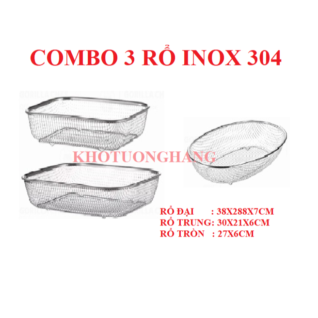 Bộ 3 Chiếc Rổ/Rá Inox 304 size lớn Hàng DÀY, Rổ inox kiểu Nhật Đa Năng Tiện Lợi Dùng đựng trái cây đồ ăn