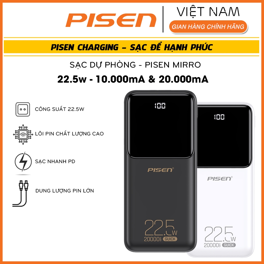 [Hỏa tốc] Sạc Dự Phòng PISEN Semi Mirror 10K 20K 30K - Pisen Việt Nam chuẩn CCC