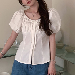  Áo Sơ Mi Kiểu Babydoll Nữ Dáng Ngắn Tay Bồng Cột Dây Nơ Mùa Hè SS2025 She Noiree - KA489 