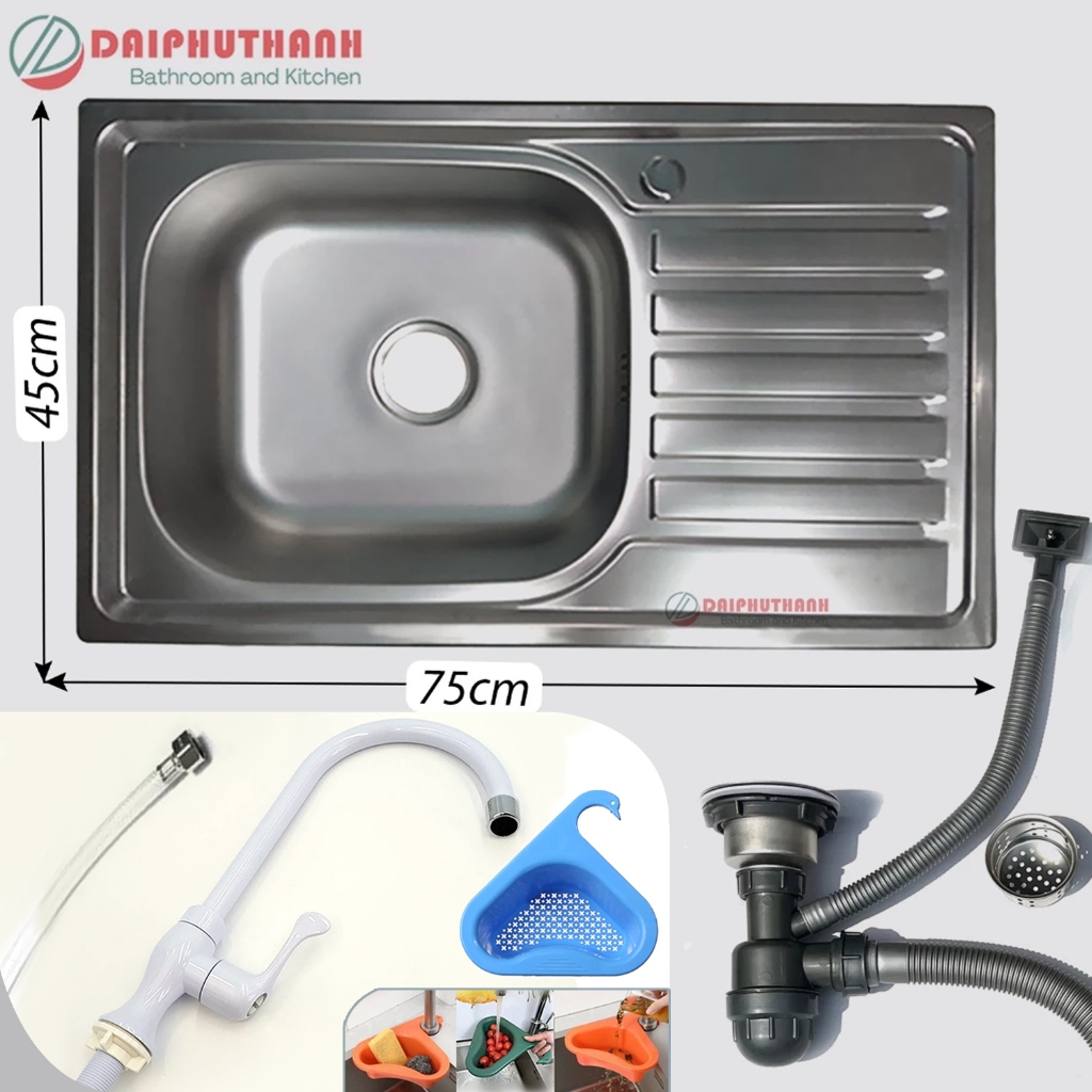 COMBO Chậu Inox Kèm Vòi Rửa Chén Nhựa Tặng Rổ Lọc Rác - Chậu đủ xi phông, loại 2 hộc hoặc 1 hộc có bàn