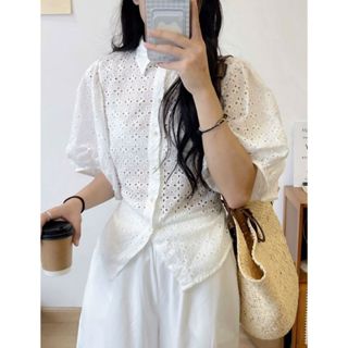 Áo sơ mi nữ tay phồng dáng vừa chất thô boil hoa ren Maian áo có dây thắt eo tôn dáng cúc ngọc mặc đi học đi chơi A5500