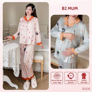 Đồ bộ bầu và sau sinh lụa pháp cao cấp phối cổ quần có chun chỉnh bụng áo có khóa cho bé ti B308 B2 MUM