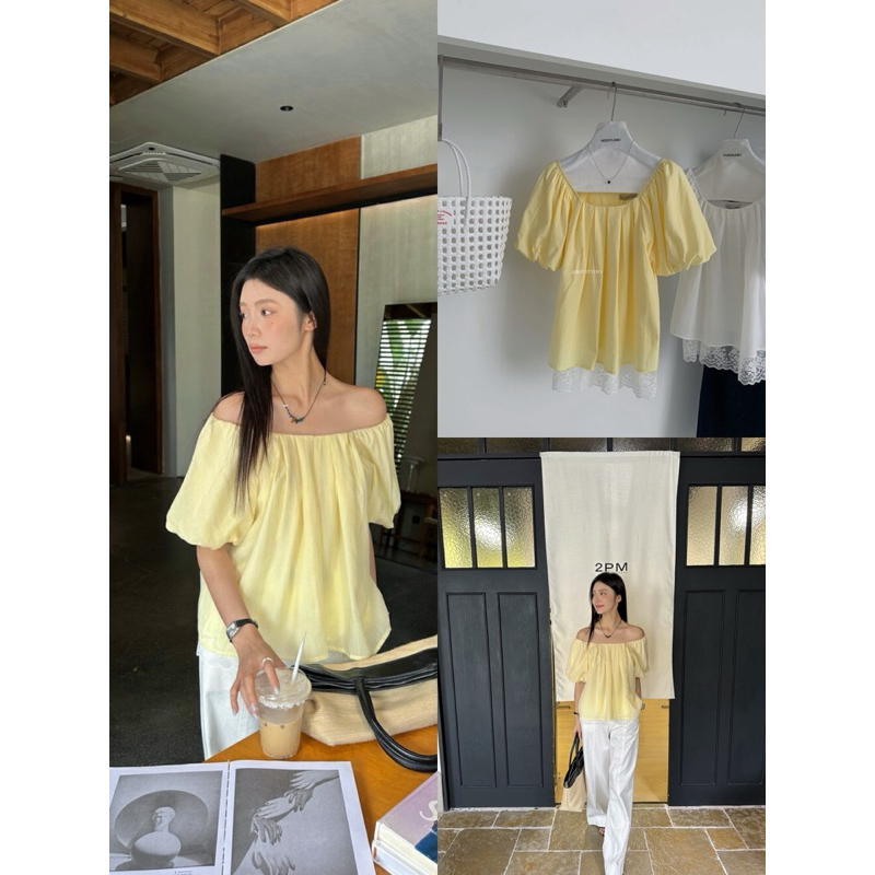 𝐢𝐦𝐜𝐡𝐢𝐜 | Sẵn Áo Babydoll MZI Tay Phồng Phối Chân Ren Hai Lớp Phong Cách Hàn Quốc Thời Trang Nữ