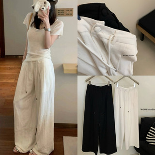  Quần Ống Suông Rộng Nữ WGWE 5557 Chất Linen Tôn Dáng Phối Dây Rút Eo 