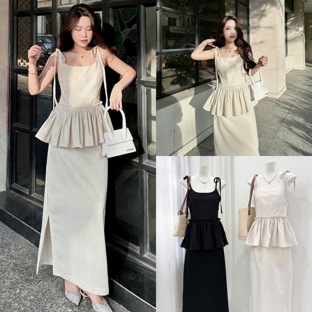 Set Áo Peplum Linen 2 Dây Buộc Vai Phối Bèo Eo Mix Chân Váy Midi Dáng Dài Xẻ Nhẹ Nhàng (Ảnh Thật Trả