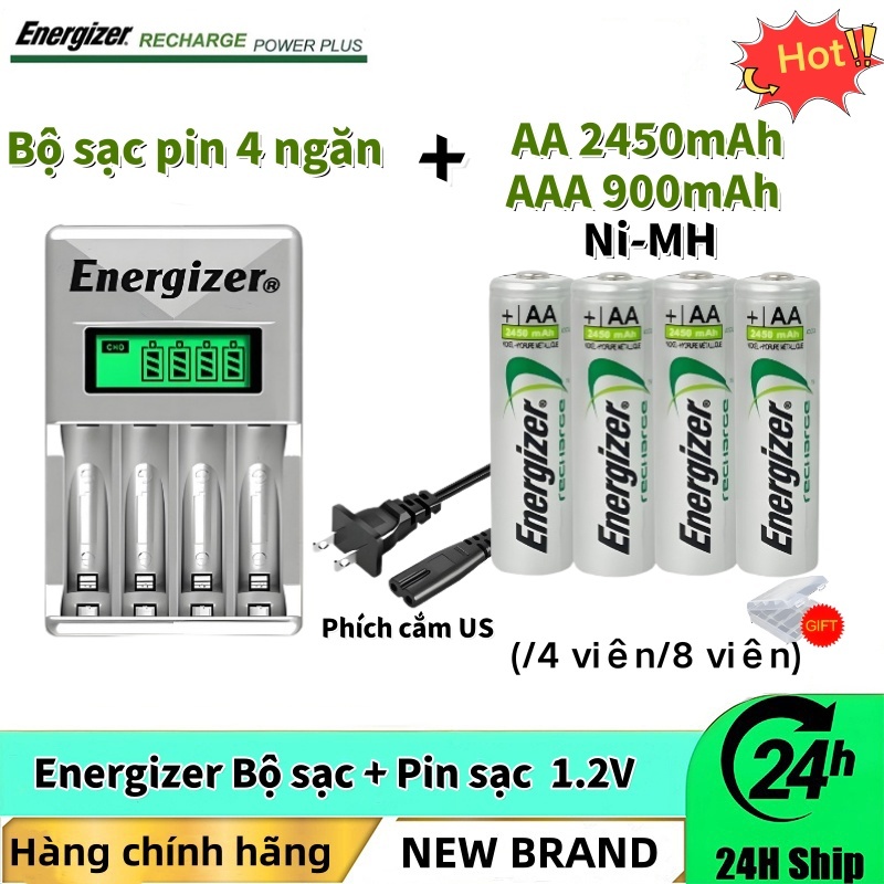 Bộ sạc pin thông minh Energizer 1.2V AA/AAA Ni-MH có thể sạc lại, tích hợp màn hình LCD, cổng cắm Mỹ và 4 khe cắm