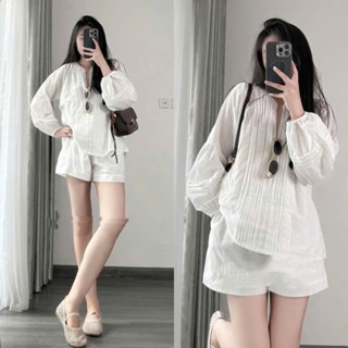 Set Áo Linen Đũi Xước Cổ Tàu V Xếp Ly Ngực Mix Quần Short Cạp Chun Đơn Giản (Ảnh Thật Trải Sàn) Lollaye