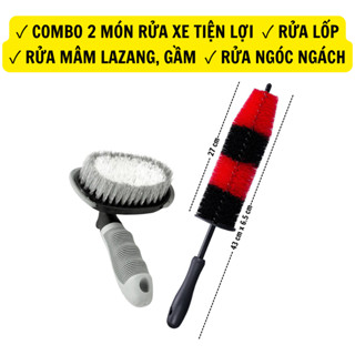 COMBO 2, BÀN CHẢI LỐP, Rửa Bánh Xe + CỌ LAZANG 43CM, Cọ Rửa Mâm Lazang, Dụng Cụ Rửa Xe Máy Xe Ôtô