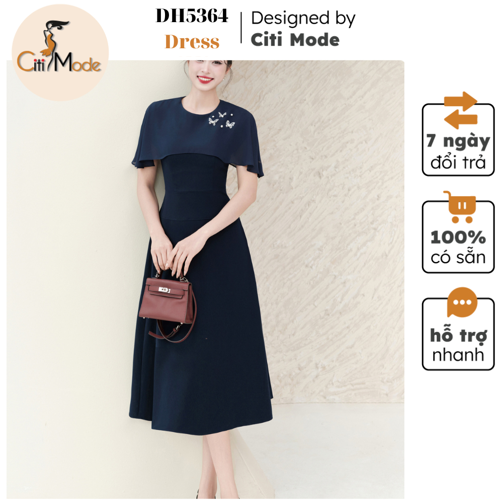 Đầm công sở CITI MODE FASHION thiết kế Đầm xòe xanh than chùm vai DH5364