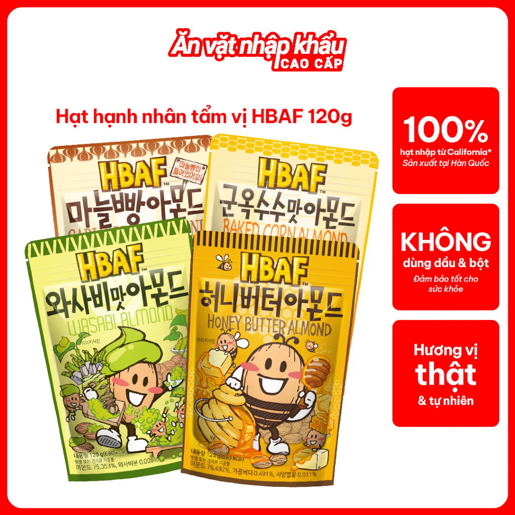 [GÓI 120GR] Hạt Hạnh Nhân Tẩm Vị Hàn Quốc HBAF 120G Ăn Vặt Thơm Ngon