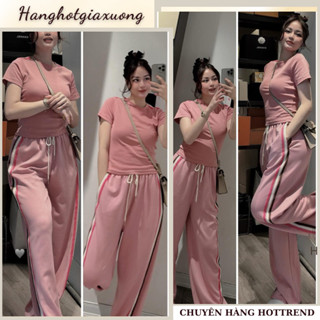 Đồ bộ nữ phong cách thể thao áo cộc tay ôm body phối quần suông dáng dài kẻ sọc viền chun, set đồ nữ màu hồng HCOM25448