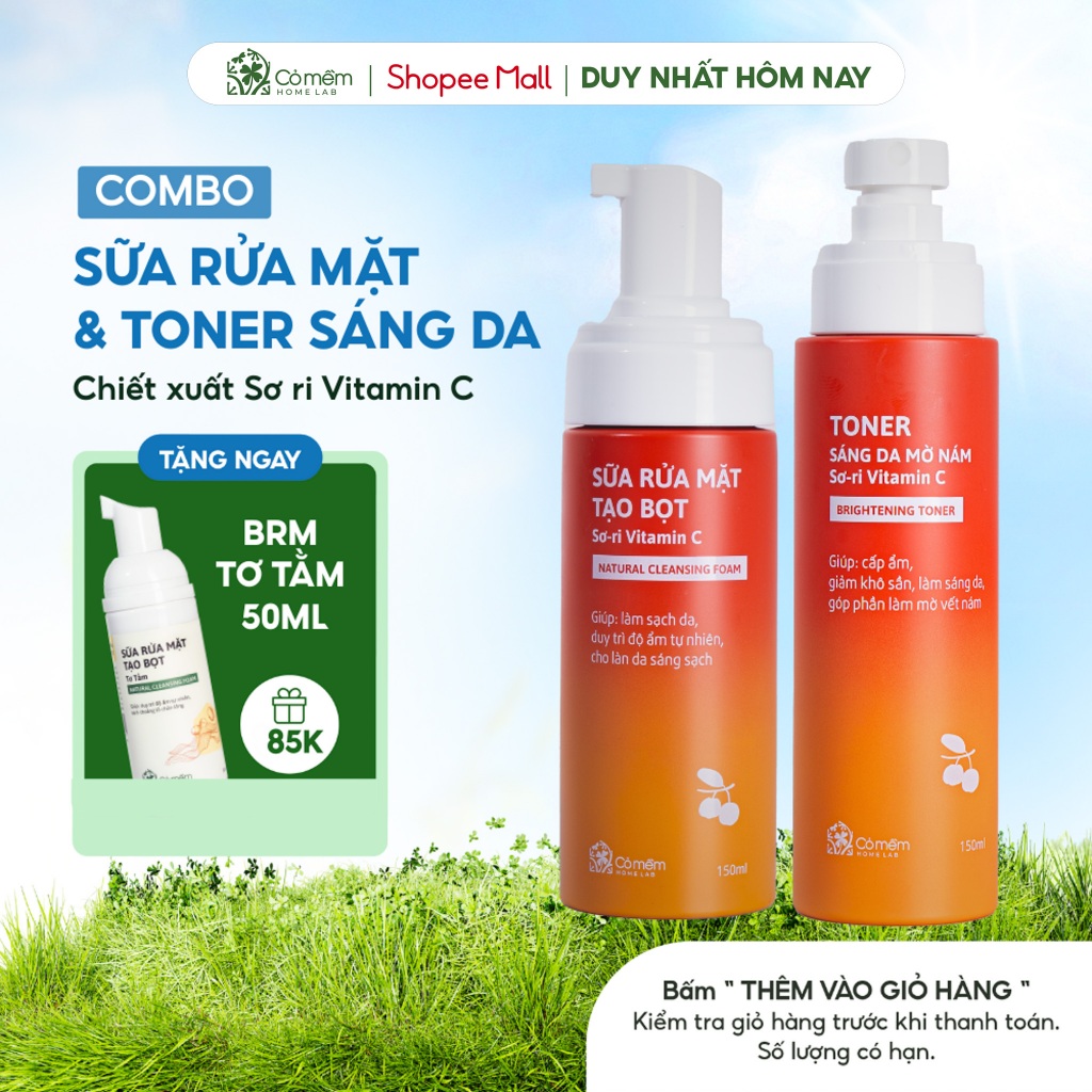 Bộ Đôi Làm Sạch Sâu Sáng Da Mờ Thâm Nám Sữa Rửa Mặt Và Toner Vitamin C Cỏ Mềm