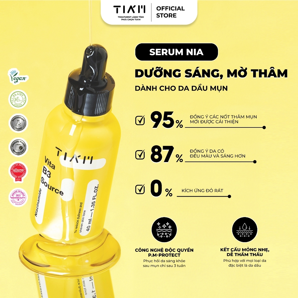 Serum TIAM Vita B3 Niacinamide 10% + Arbutin 2% Source Cho Da Dầu Mụn Nhạy Cảm (mới)