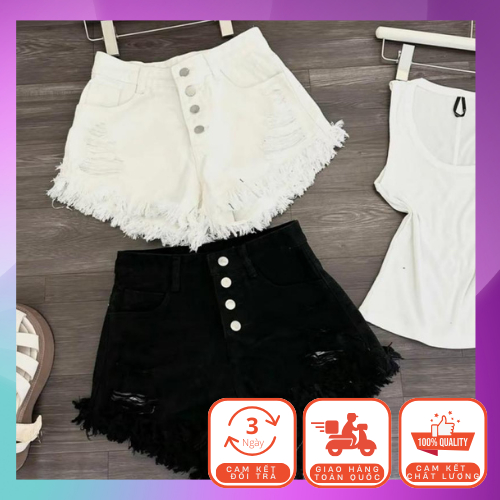 Quần Short Jeans Nữ Rách Kiểu 4 Nút Lưng Cao