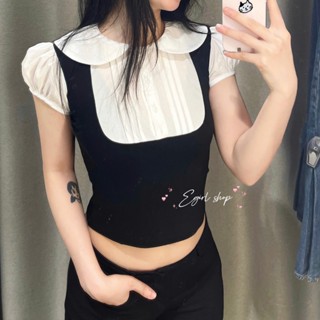  Áo croptop tiểu thư cổ bèo,áo thun phối sơ mi cộc tay dáng ôm phong cách đáng yêu Egirl 