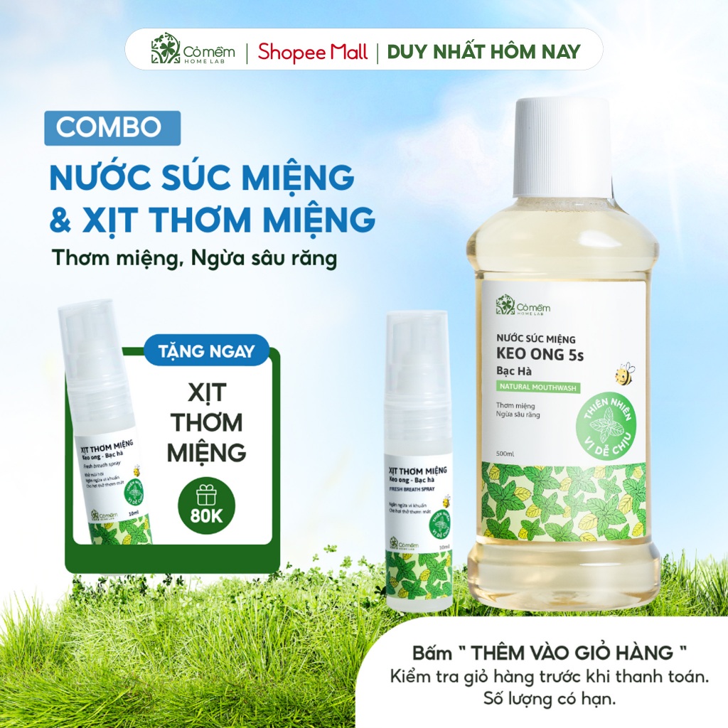 Bộ Combo Nước Súc Miệng Và Xịt Thơm Chăm Sóc Răng Miệng Ngừa Hôi Cỏ Mềm
