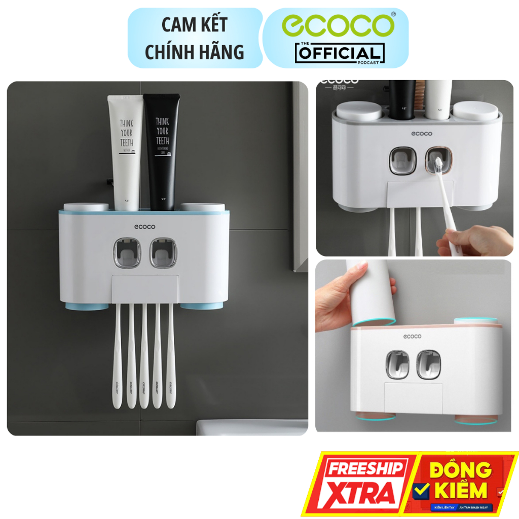 Bộ Nhả Kem Đánh Răng ECOCO 4 Cốc 2 Nhả Kem E1802, Kệ Để Bàn Chải Dán Tường Cao Chất liệu Nhựa ABS