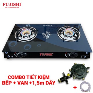 COMBO Bếp gas đôi chén đồng FUJISHI FMH10D_ALO_PLUS - Mặt kính cường lực + Bộ dây van ngắt gas tự động NAMILUX NA-347S