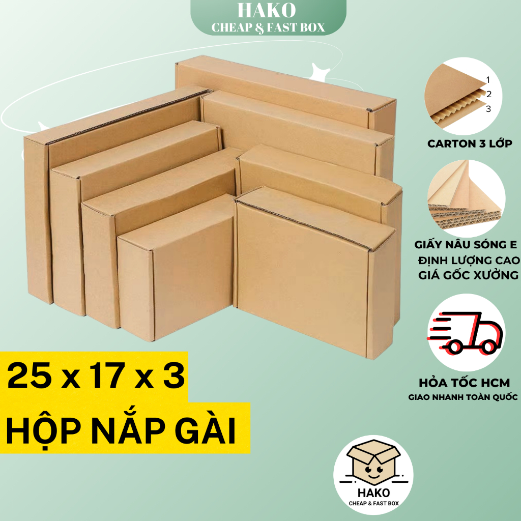 Size 25x17x3 , hộp carton nắp gài , hộp xếp nắp cài giá rẻ đựng sản phẩm Hako box