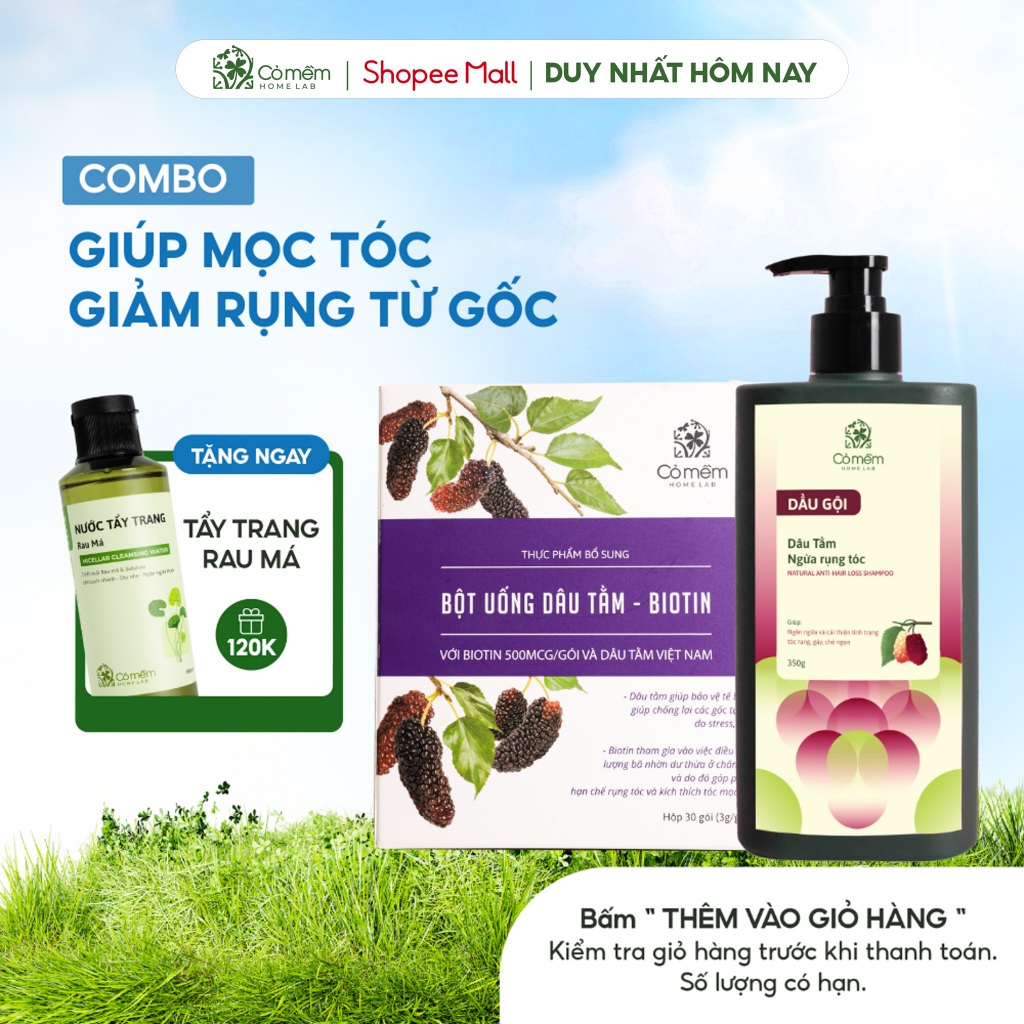 Combo Giảm Rụng Tóc Dâu Tằm & Bột Uống Dâu Tằm - Biotin Kích Thích Mọc Tóc Bảo Vệ Tóc Chắc Khỏe Cỏ Mềm (Hộp 30 gói x 3g)