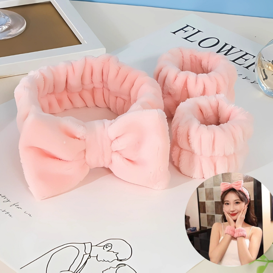 Set Băng Đô Cài Tóc Rửa Mặt 3 Chi Tiết Chống Nước Chảy- Set 3 Băng Đô Rửa Mặt + Đeo Tay Nam Nữ