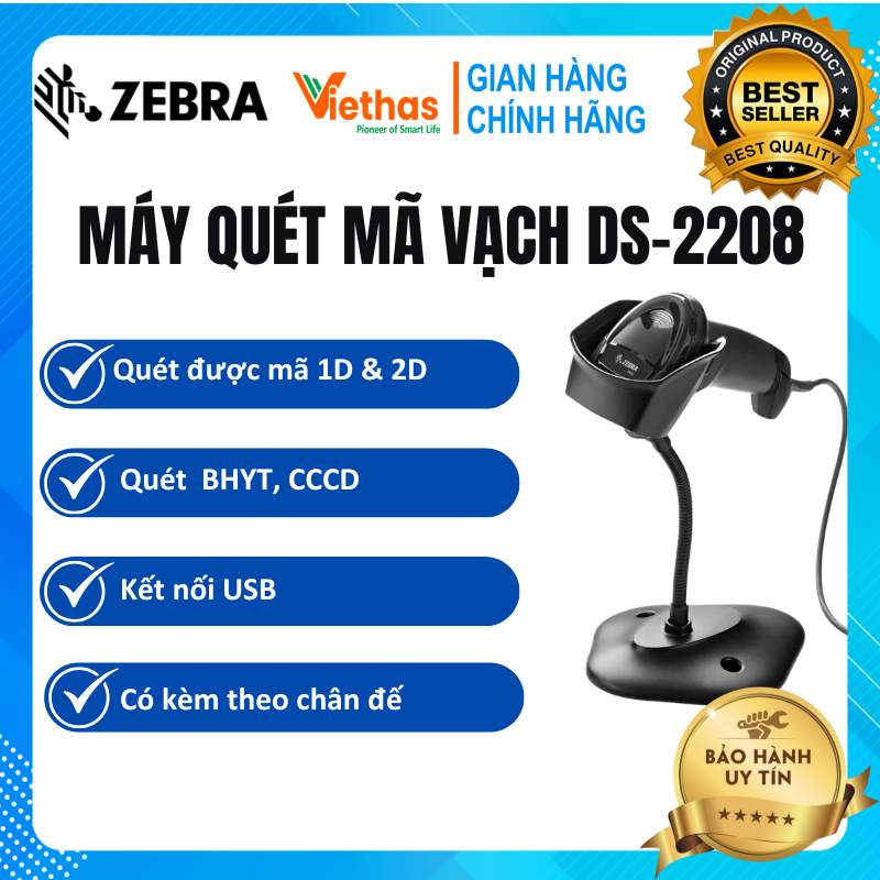 Máy Quét Mã Vạch 1D 2D Cầm Tay Đa Tia Zebra DS2208 - Chuyên Quét Căn Cước Và Thẻ Bảo Hiểm Có Kèm Châ