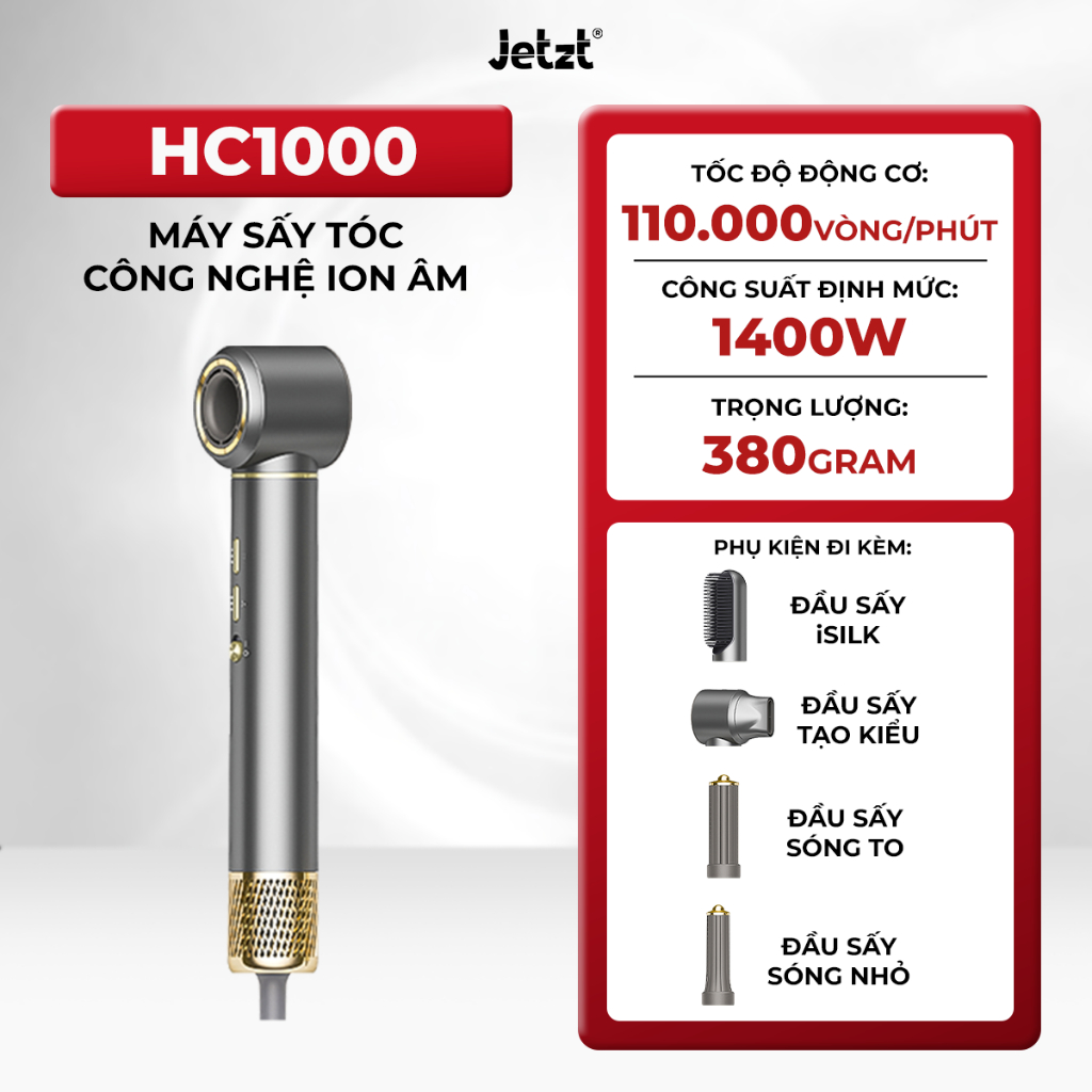 Máy sấy tóc ion âm 5in1 Jetzt HC1000 sấy nhanh tạo kiểu bảo vệ tóc công suất 1300W