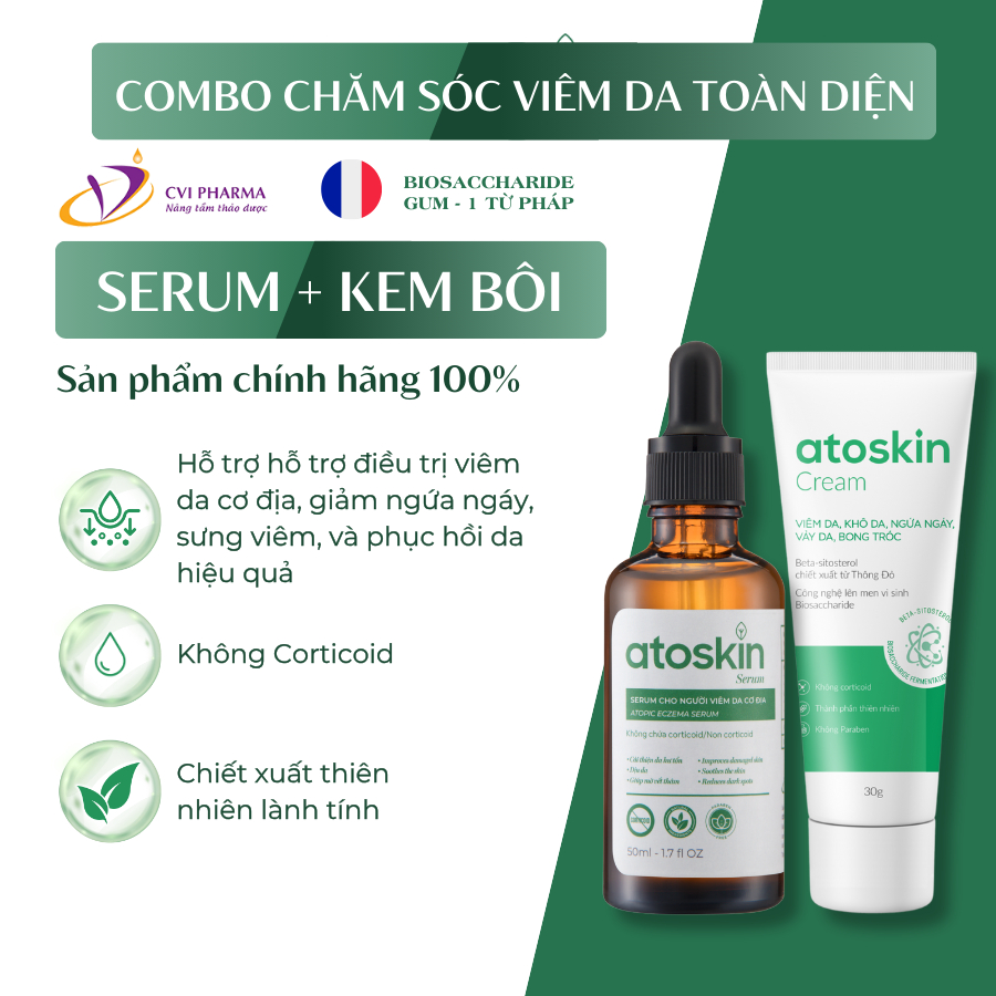 [Atoskin] Combo Chăm Sóc Toàn Diện – Serum & Kem Bôi Viêm Da – Giảm Ngứa, Phục Hồi Da Tổn Thương