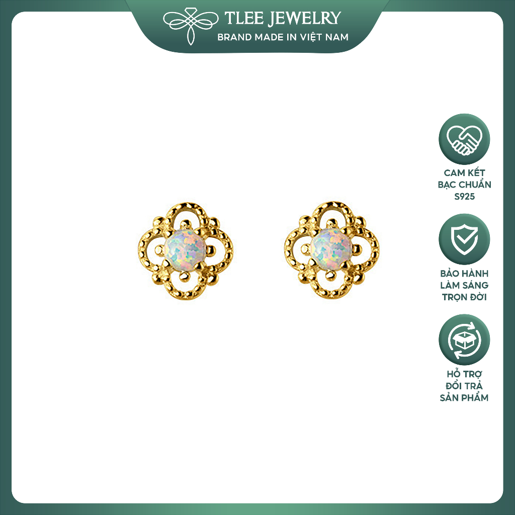 Khuyên tai bạc nữ TLEE hoa bốn cánh Opal bạc Ý mạ vàng 18k lấp lánh TLEE JEWELRY B0453