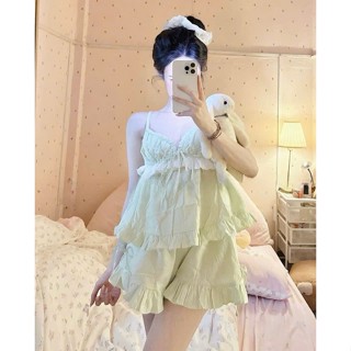 Bộ đùi mặc nhà nữ kẻ sọc áo hai dây viền ren kèm quần đùi thắt nơ