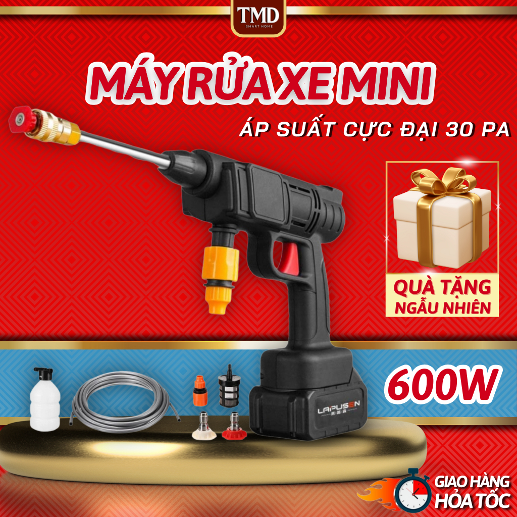 Máy Rửa Xe Mini Cầm Tay Công Suất 600W Dùng Pin Đa Năng Rửa Xe, Vệ Sinh, Tưới Cây - Vòi Phun Áp Lực Mạnh