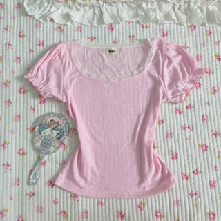 Áo nữ cộc tay nhún thông thơi hồng cổ ren | pink coquette style women's shirt