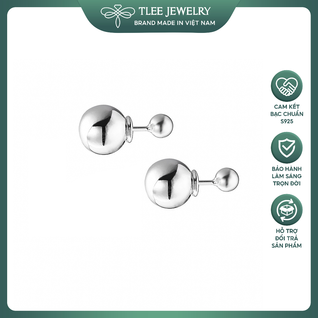 Khuyên tai bạc nữ TLEE, bông tai hai đầu bi 10mm sang chảnh TLEE JEWELRY B0475