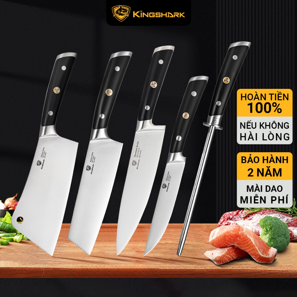Bộ dao 5 món làm bếp sắc bén cao cấp, kèm thanh mài dao tiện dụng - Kingshark Premium Series CB51