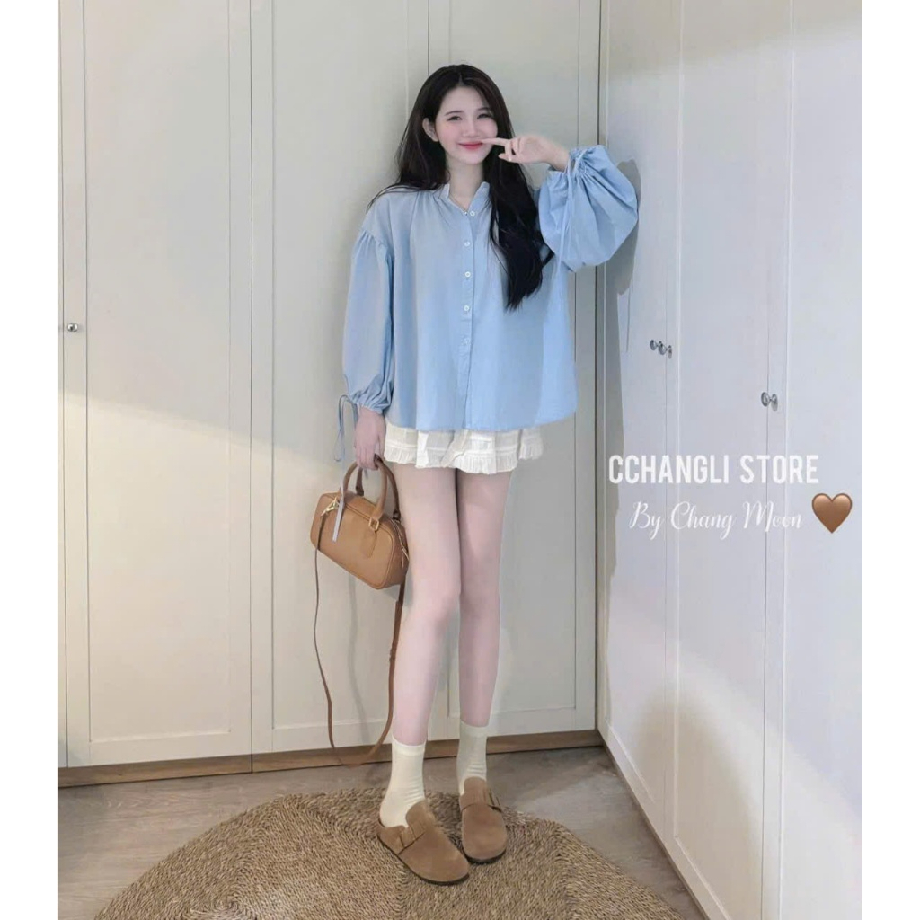 Áo Sơ Mi Babydoll Dài Tay Form Rộng Giấu Quần Tay Ly Bồng Size S M - Halinh Shop - Sơ Mi Nữ Tay Bồng