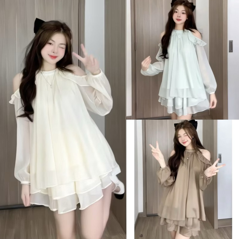 Set bộ đồ nữ chất tơ hở vai có chân váy kèm quần bảo hộ dilyshop - S121