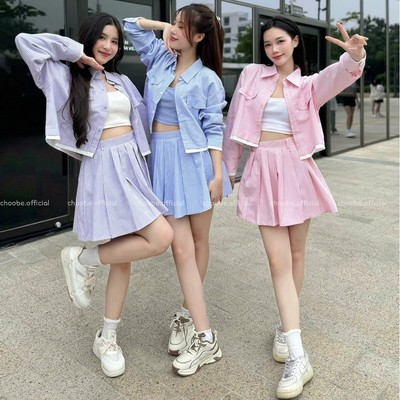 Set bộ áo sơ mi kèm chân váy Choobe dáng rộng kẻ sọc phong cách ASM10+ CSM10