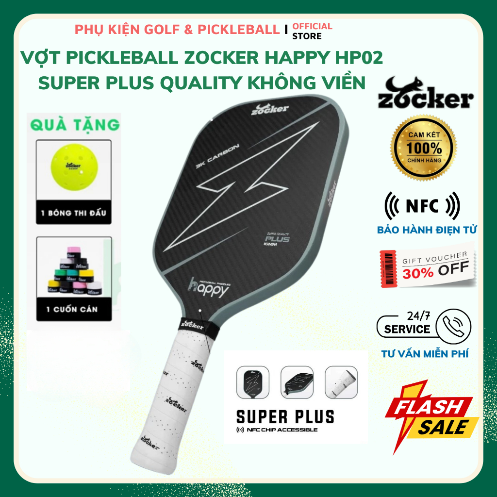 ( Chính Hãng ) Vợt Pickleball Zocker HP02 Plus Gen 2 Không Viền, Mặt 3K Carbon - Quà Tặng Hấp ính
